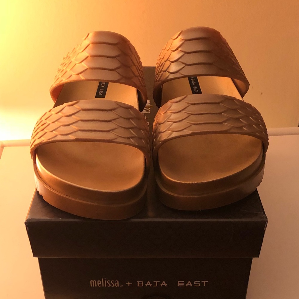 Melissa + Baja East Comic slides in gold size 8